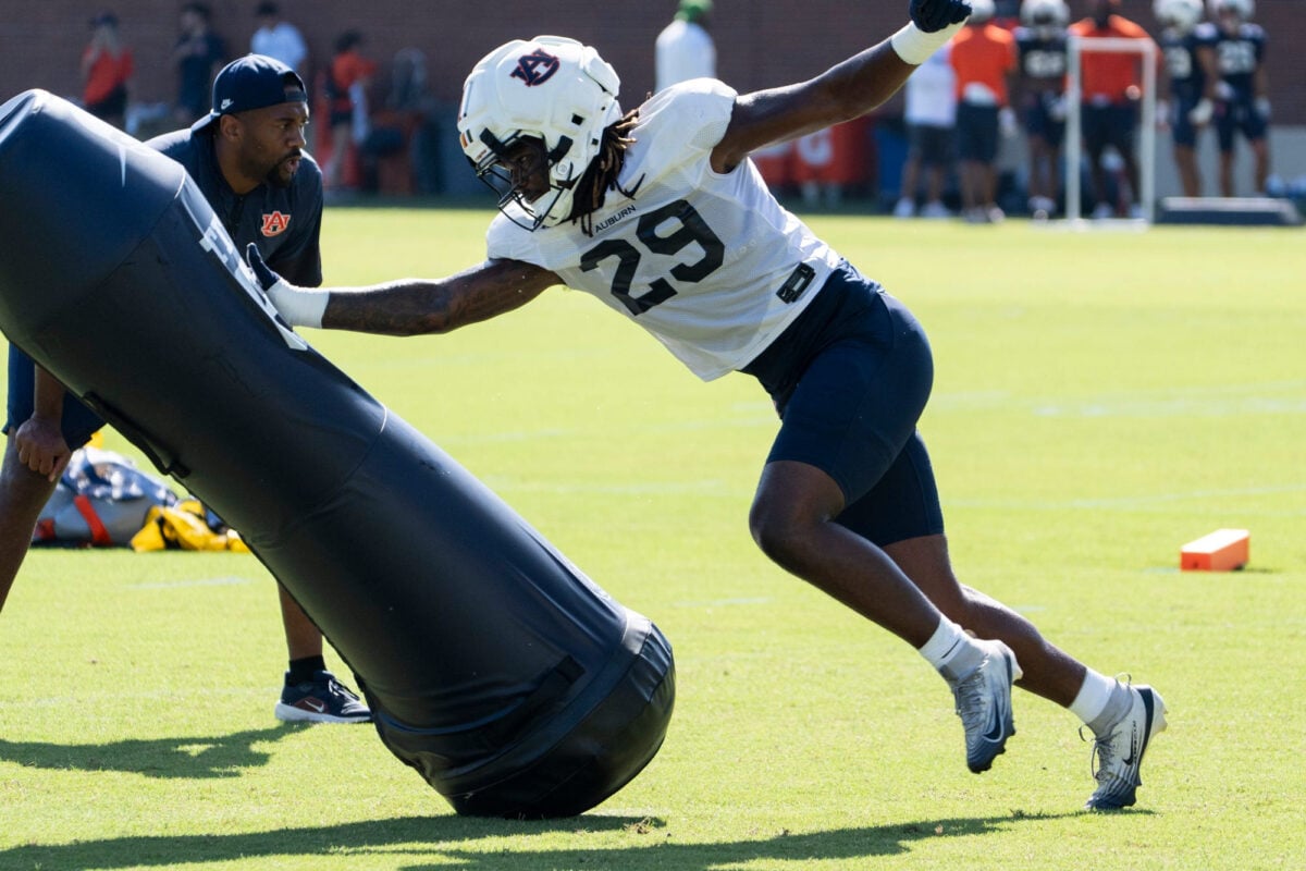 Auburn Tigers edge Jaquez Wilkes (29) runs drills during Auburn football practice at Woltosz Football Performance Center in Auburn, Ala. on Saturday, Aug. 8, 2026.