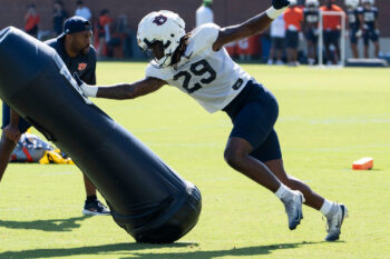 Auburn Tigers edge Jaquez Wilkes (29) runs drills during Auburn football practice at Woltosz Football Performance Center in Auburn, Ala. on Saturday, Aug. 8, 2026.