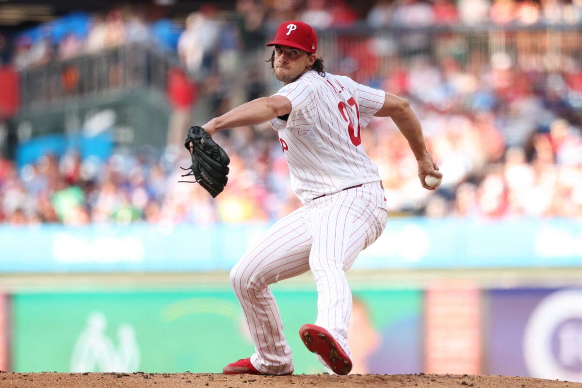 Aug 8, 2026; Philadelphia, Pennsylvania, USA; Philadelphia Phillies pitcher Aaron Nola (27) throws a pitch against the Toronto Blue Jays during the first inning at Citizens Bank Park. Mandatory Credit: Bill Streicher-Imagn Images