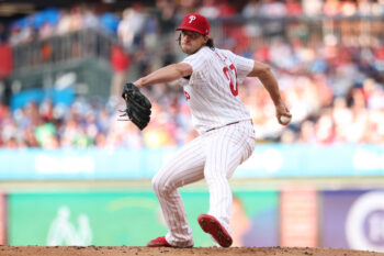 Aug 8, 2026; Philadelphia, Pennsylvania, USA; Philadelphia Phillies pitcher Aaron Nola (27) throws a pitch against the Toronto Blue Jays during the first inning at Citizens Bank Park. Mandatory Credit: Bill Streicher-Imagn Images
