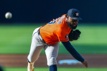 Aug 9, 2026; San Diego, California, USA; Houston Astros starting pitcher Cristian Javier (53) throws a pitch during the first inning against the San Diego Padres at Petco Park. Mandatory Credit: David Frerker-Imagn Images