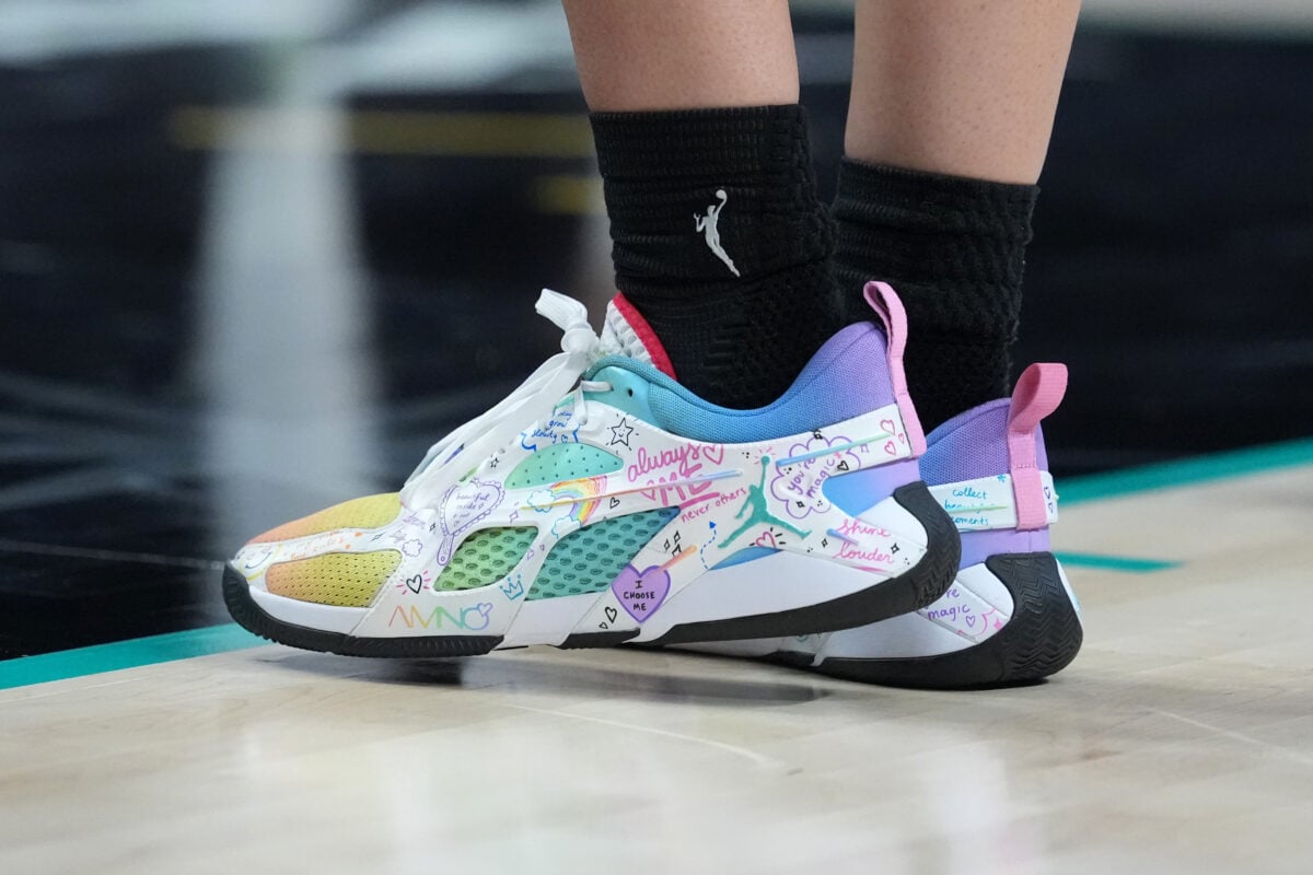 Aug 9, 2026; Los Angeles, California, USA; The Nike Jordan shoes worn by LA Sparks forward Dearica Hamby (5) against the Golden State Valkyries in the second half at Crypto.com Arena. Mandatory Credit: Kirby Lee-Imagn Images