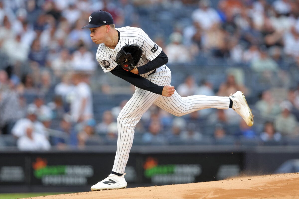 Aug 12, 2026; Bronx, New York, USA; New York Yankees starting pitcher Will Warren (29) follows through on a pitch against the Seattle Mariners during the first inning at Yankee Stadium. Mandatory Credit: Brad Penner-Imagn Images