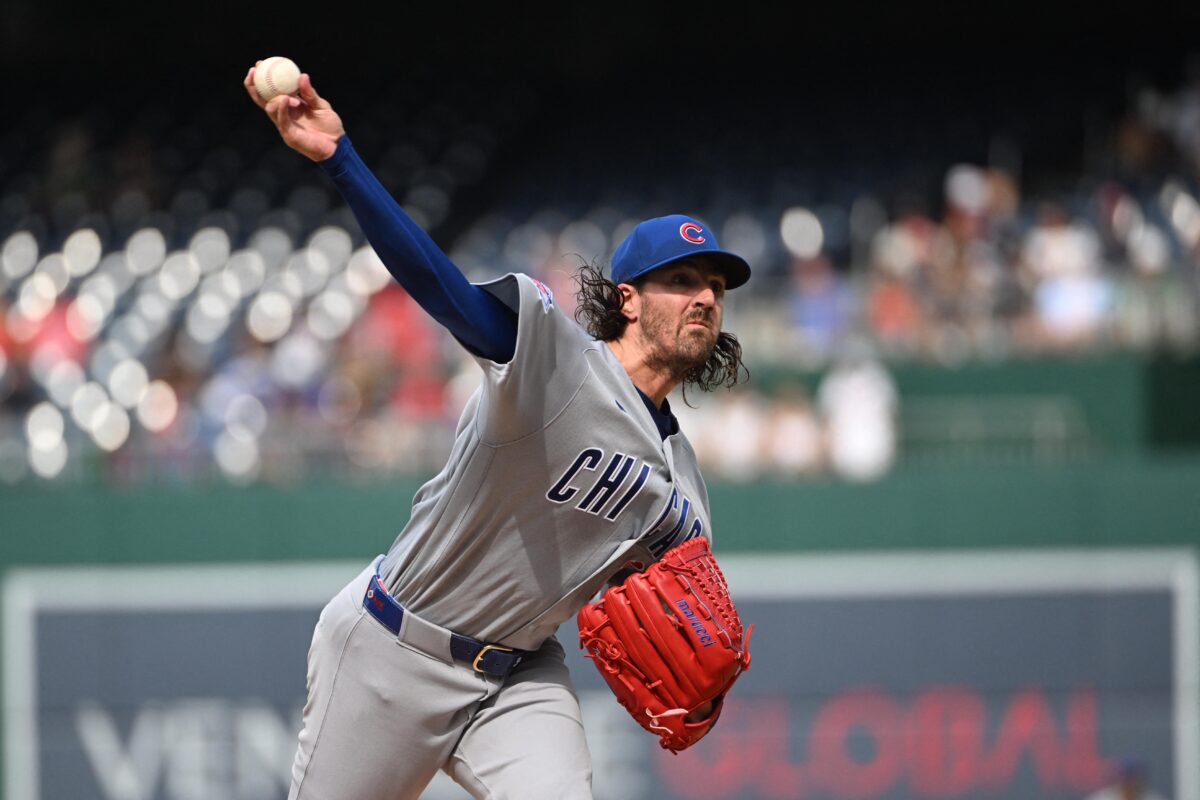 Aug 13, 2026; Washington, District of Columbia, USA; Chicago Cubs pitcher Kevin Gausman (12) throws to the Washington Nationals during the first inning at Nationals Park. Mandatory Credit: Brad Mills-Imagn Images