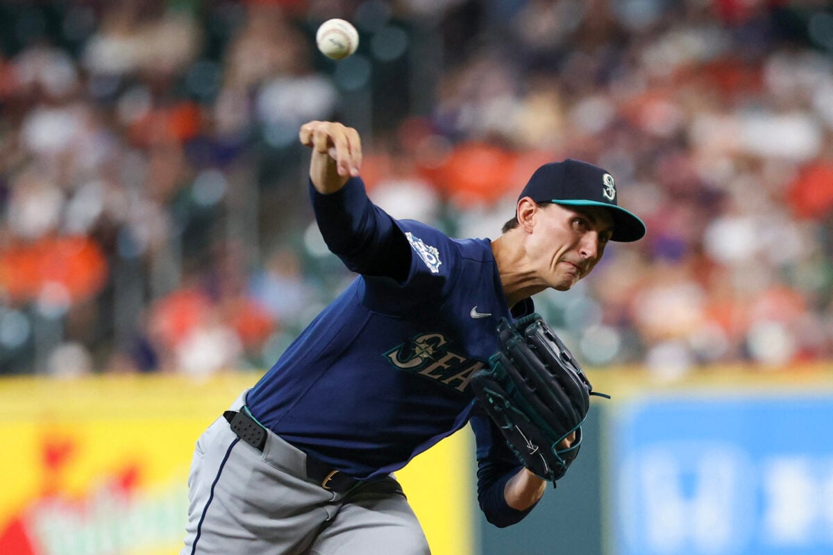 Aug 14, 2026; Houston, Texas, USA; Seattle Mariners starting pitcher George Kirby (68) pitches against the Houston Astros in the first inning at Daikin Park. Mandatory Credit: Thomas Shea-Imagn Images
