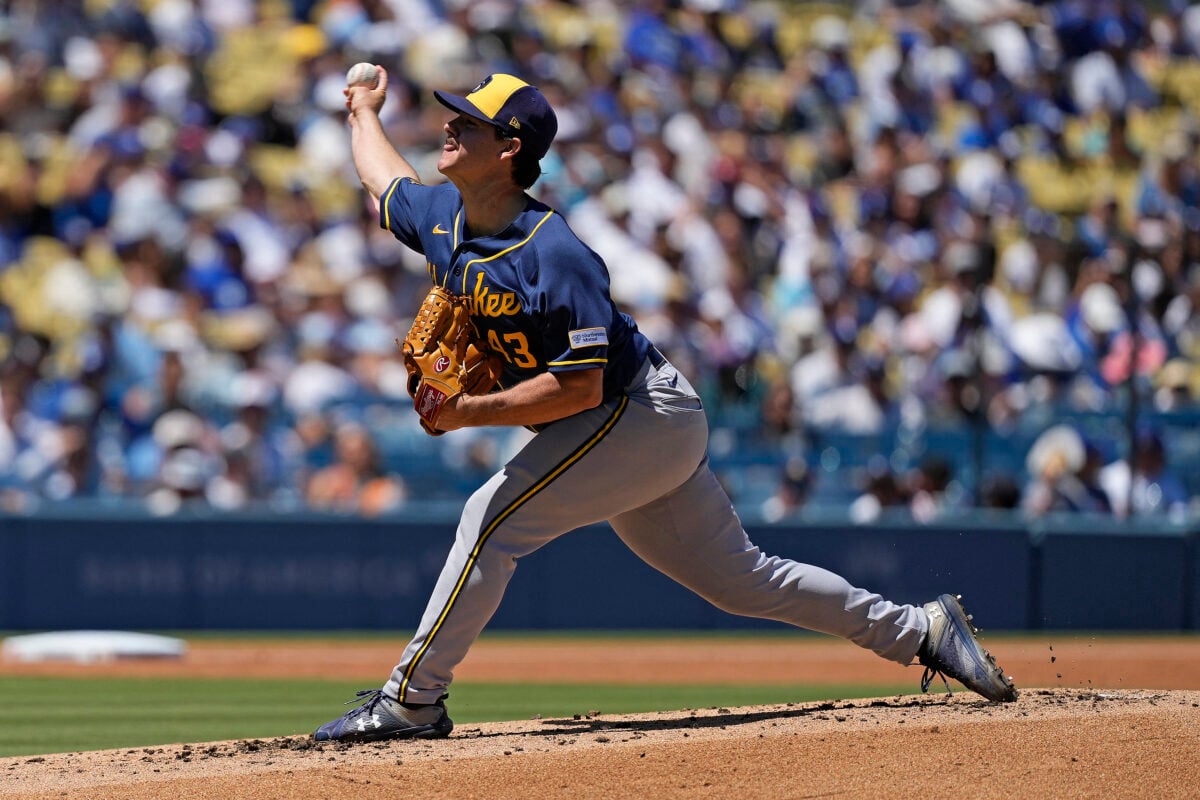 Aug 16, 2026; Los Angeles, California, USA; Milwaukee Brewers pitcher Logan Henderson (43) throws a pitch against the Los Angeles Dodgers in the first inning at Dodger Stadium. Mandatory Credit: Jon Endow-Imagn Images