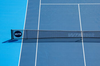Aug 16, 2026; Mason, OH, USA;  WTA signage and court netting is seen during the match between Aryna Sabalenka and Talia Gibson (AUS) during the Cincinnati Open at Lindner Family Tennis Center. Mandatory Credit: Aaron Doster-Imagn Images