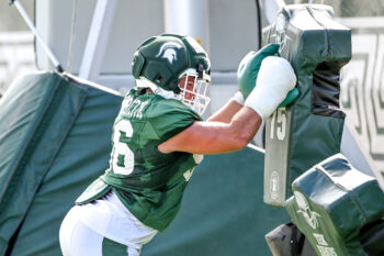 Michigan State’s Chris Piwowarczyk works out during football practice on Monday, Aug. 17, 2026, in East Lansing.