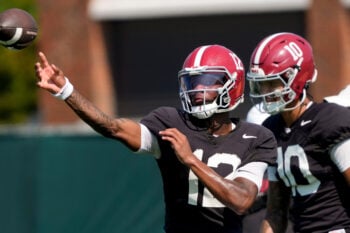 Aug. 17, 2026; Tuscaloosa, AL, USA;  Alabama quarterback Keelon Russell (12) throws at practice for the Alabama Crimson Tide.