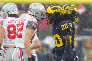 Ohio State Buckeyes wide receiver David Adolph (82) head butts with Michigan Wolverines defensive back Jyaire Hill (20) during the NCAA football game at Michigan Stadium in Ann Arbor, Mich. on Nov. 29, 2025. Ohio State won 27-9.