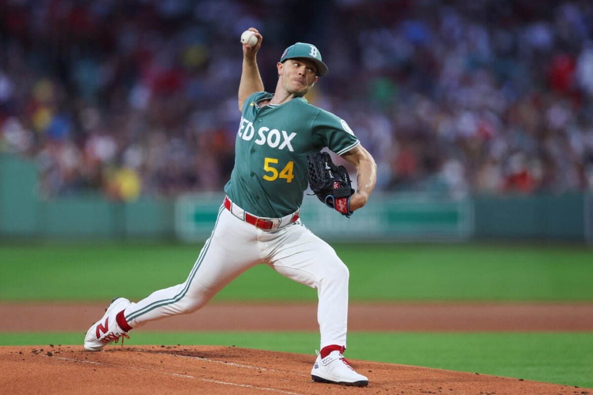 Aug 21, 2026; Boston, Massachusetts, USA; Boston Red Sox starting pitcher Sonny Gray (54) delivers a pitch during the first inning against the San Francisco Giants at Fenway Park. Mandatory Credit: Paul Rutherford-Imagn Images