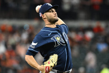 Aug 22, 2026; Baltimore, Maryland, USA;  Tampa Bay Rays pitcher Shane McClanahan (18) delivers a pitch during the first inning against the Baltimore Orioles at Oriole Park at Camden Yards.  Mandatory Credit: James A. Pittman-Imagn Images