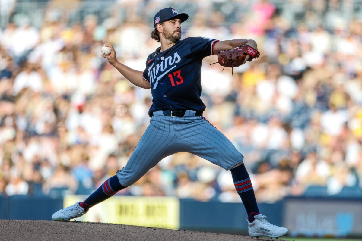 Aug 22, 2026; San Diego, California, USA; Minnesota Twins starting pitcher Dean Kremer (13) throws a pitch during the first inning against the San Diego Padres at Petco Park. Mandatory Credit: David Frerker-Imagn Images