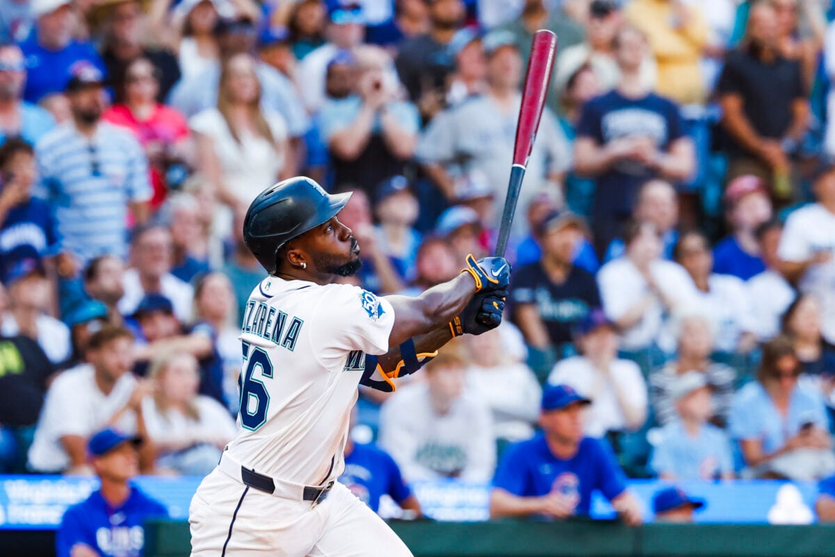 Aug 22, 2026; Seattle, Washington, USA; Seattle Mariners left fielder Randy Arozarena (56) hits a walk-off two-run home run against the Chicago Cubs during the ninth inning at T-Mobile Park. Mandatory Credit: Joe Nicholson-Imagn Images