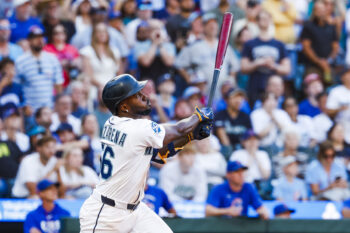 Aug 22, 2026; Seattle, Washington, USA; Seattle Mariners left fielder Randy Arozarena (56) hits a walk-off two-run home run against the Chicago Cubs during the ninth inning at T-Mobile Park. Mandatory Credit: Joe Nicholson-Imagn Images