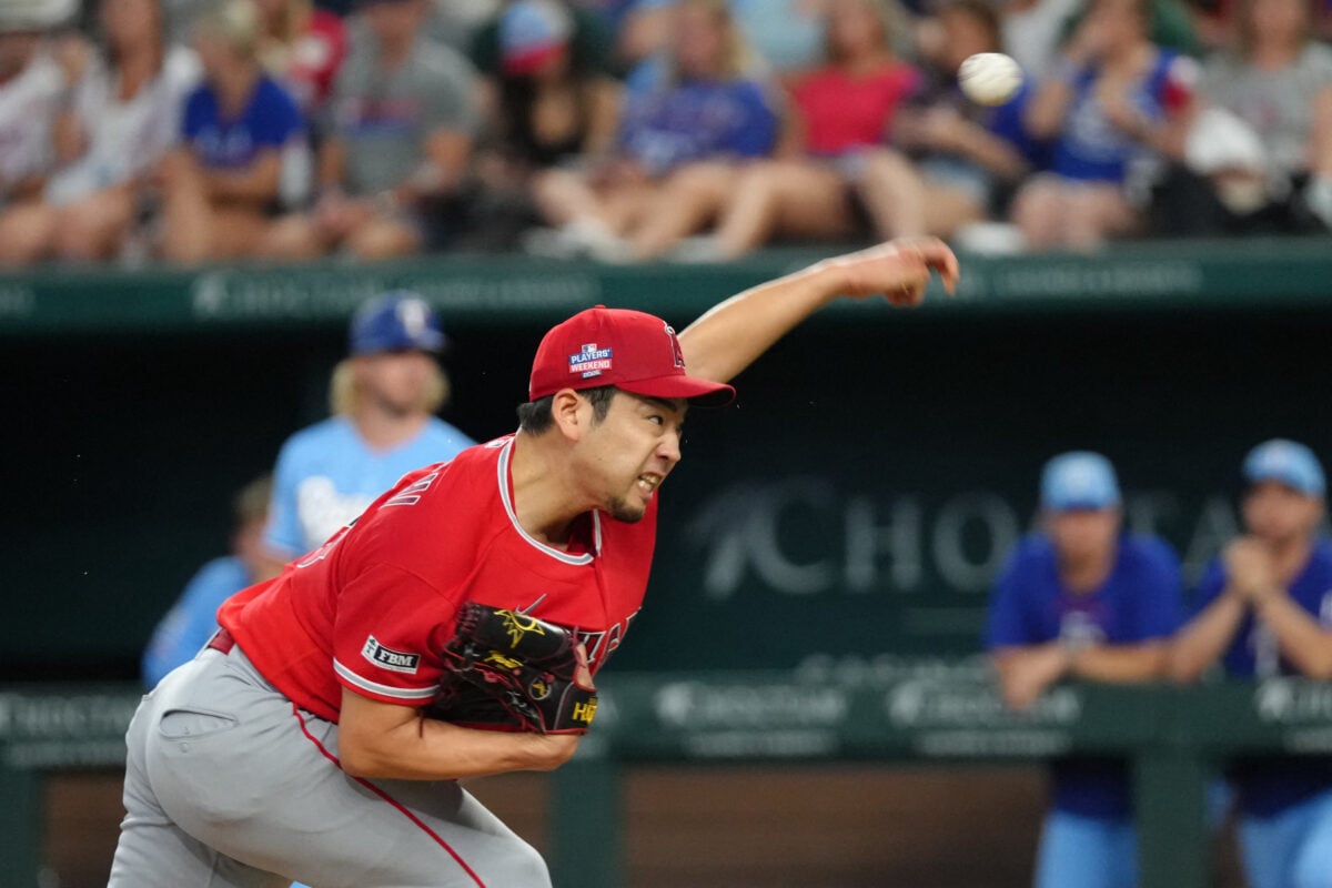 Aug 23, 2026; Arlington, Texas, USA; Los Angeles Angels starting pitcher Yusei Kikuchi delivers a pitch to the Texas Rangers during the fourth inning at Globe Life Field. Mandatory Credit: Jim Cowsert-Imagn Images