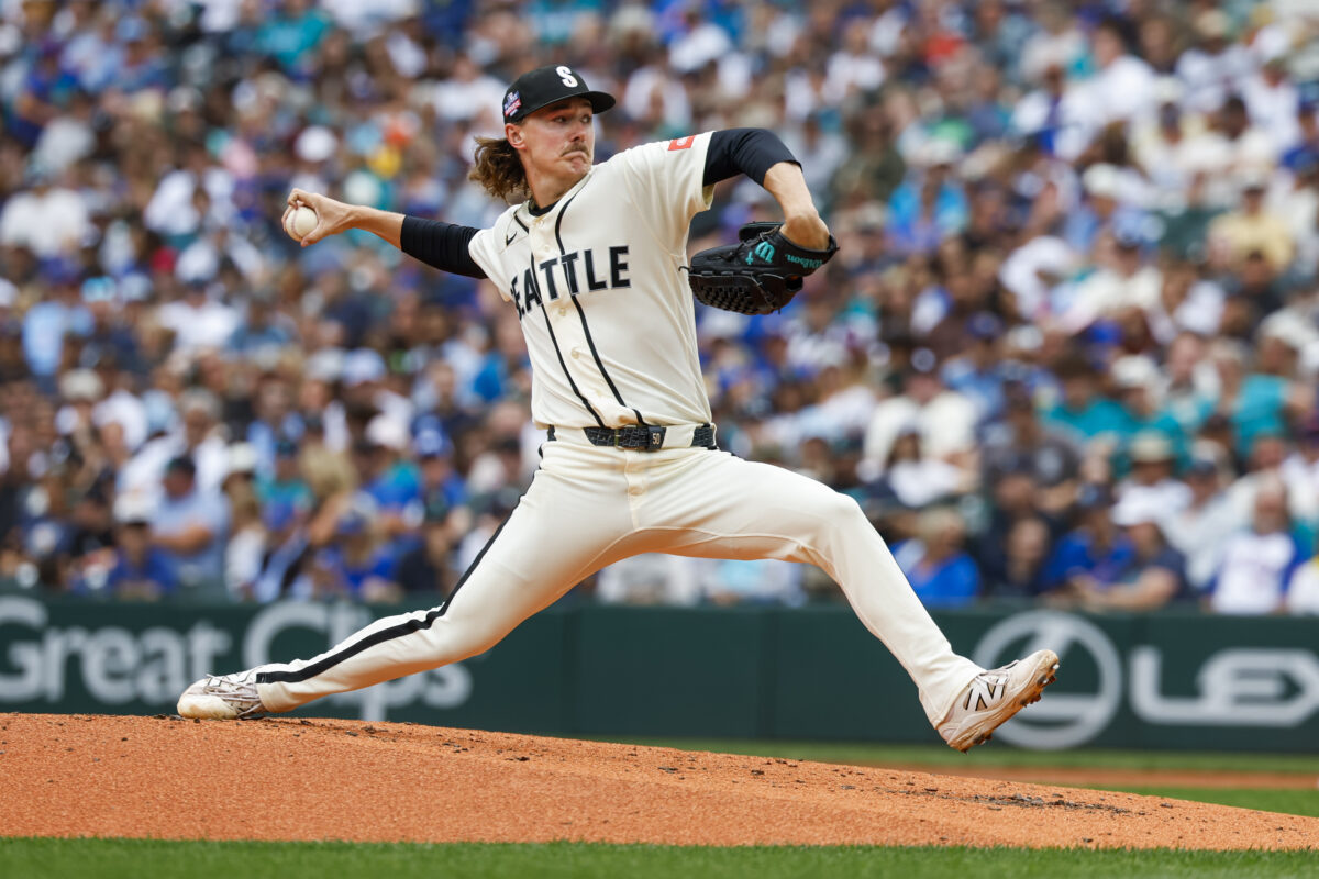 Aug 23, 2026; Seattle, Washington, USA; Seattle Mariners starting pitcher Bryce Miller (50) throws against the Chicago Cubs during the second inning at T-Mobile Park. Mandatory Credit: Joe Nicholson-Imagn Images