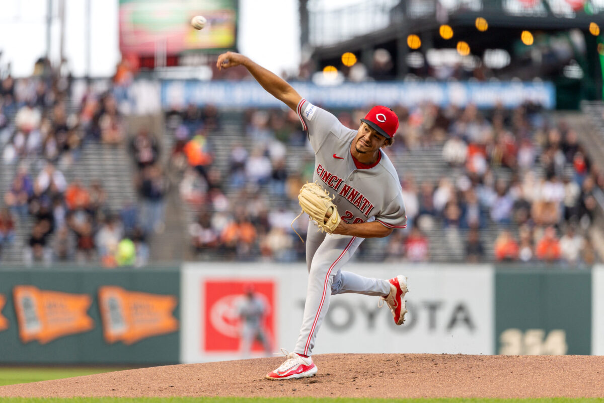 Aug 24, 2026; San Francisco, California, USA;  Cincinnati Reds pitcher Chase Burns (26) throws a pitch during the first inning against the San Francisco Giants at Oracle Park.  Mandatory Credit: Bob Kupbens-Imagn Images