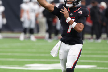 Aug 20, 2026; Houston, Texas, USA;  Houston Texans quarterback C.J. Stroud (7) warm-ups before the Houston Texans played the Las Vegas Raiders at Reliant Stadium. Mandatory Credit: Thomas Shea-Imagn Images