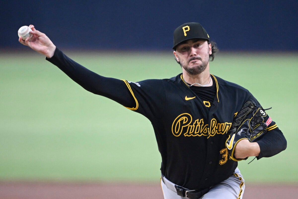 Aug 25, 2026; San Diego, California, USA; Pittsburgh Pirates pitcher Paul Skenes (30) delivers during the first inning against the San Diego Padres at Petco Park. Mandatory Credit: Denis Poroy-Imagn Images