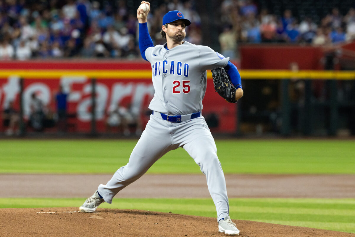 Aug 25, 2026; Phoenix, Arizona, USA; Chicago Cubs pitcher Clay Holmes in the first inning against the Arizona Diamondbacks at Chase Field. Mandatory Credit: Mark J. Rebilas-Imagn Images