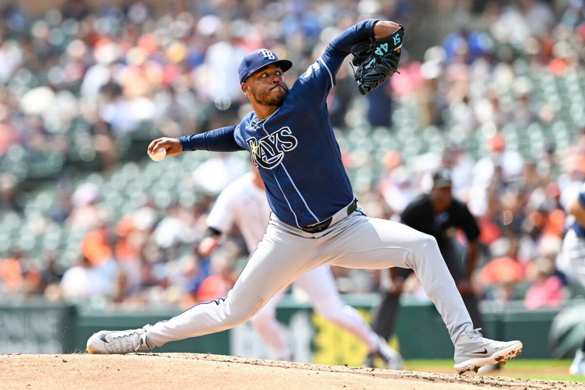 Aug 26, 2026; Detroit, Michigan, USA; Tampa Bay Rays starting pitcher Freddy Peralta (51) throws a pitch against the Detroit Tigers in the second inning at Comerica Park. Mandatory Credit: Lon Horwedel-Imagn Images