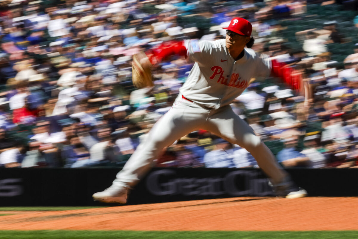 Aug 26, 2026; Seattle, Washington, USA; Philadelphia Phillies starting pitcher Jesús Luzardo (44) throws against the Seattle Mariners during the fifth inning at T-Mobile Park. Mandatory Credit: Joe Nicholson-Imagn Images