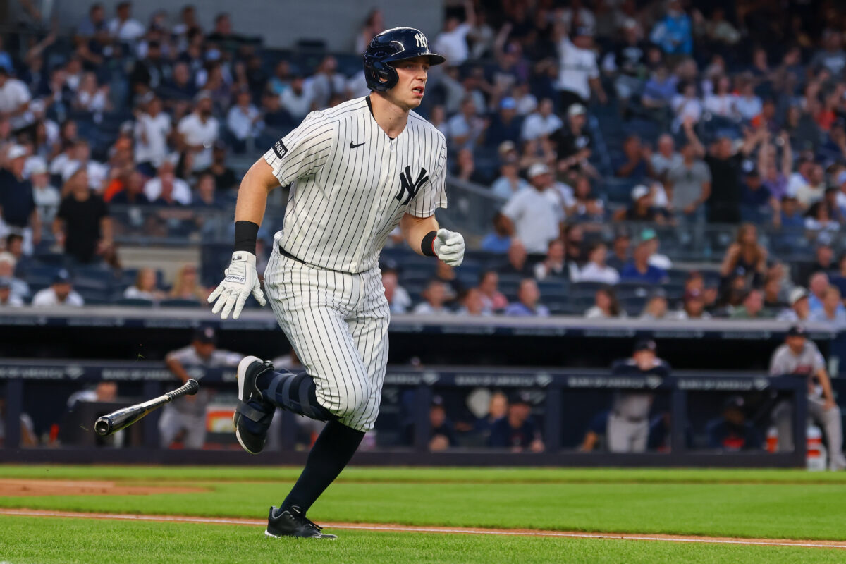 Aug 26, 2026; Bronx, New York, USA; New York Yankees first baseman Ben Rice (22) hits a solo home run during the first inning against the Houston Astros at Yankee Stadium. Mandatory Credit: Vincent Carchietta-Imagn Images
