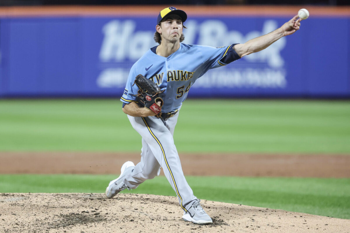 Aug 26, 2026; New York City, New York, USA; Milwaukee Brewers relief pitcher Robert Gasser (54) pitches in the third inning against the New York Mets at Citi Field. Mandatory Credit: Wendell Cruz-Imagn Images