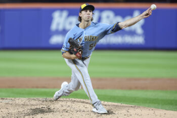 Aug 26, 2026; New York City, New York, USA;  Milwaukee Brewers relief pitcher Robert Gasser (54) pitches in the third inning against the New York Mets at Citi Field.  Mandatory Credit: Wendell Cruz-Imagn Images