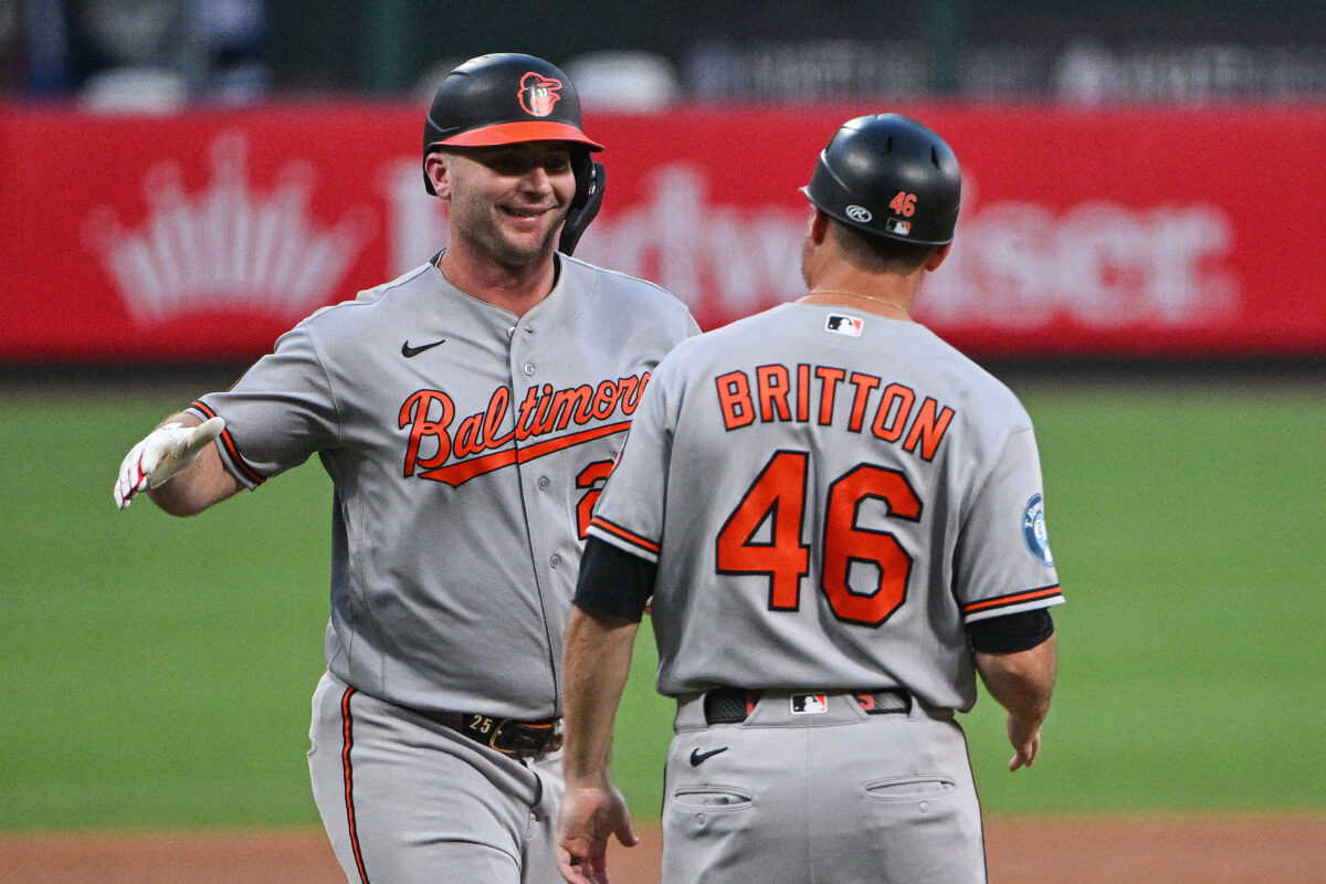 Aug 26, 2026; St. Louis, Missouri, USA; Baltimore Orioles designated hitter Pete Alonso (25) celebrates with third base coach Buck Britton (46) after hitting a two run home run against the St. Louis Cardinals during the second inning at Busch Stadium. Mandatory Credit: Jeff Curry-Imagn Images