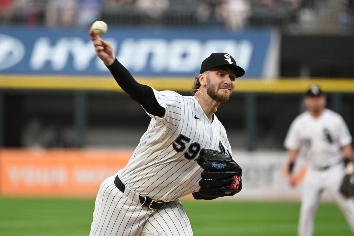 Aug 26, 2026; Chicago, Illinois, USA;  Chicago White Sox pitcher Sean Burke (59) delivers the ball during the first inning against the Texas Rangers at Rate Field.  Mandatory Credit: Matt Marton-Imagn Images