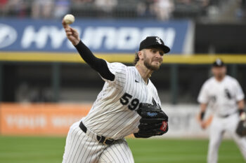 Aug 26, 2026; Chicago, Illinois, USA;  Chicago White Sox pitcher Sean Burke (59) delivers the ball during the first inning against the Texas Rangers at Rate Field.  Mandatory Credit: Matt Marton-Imagn Images