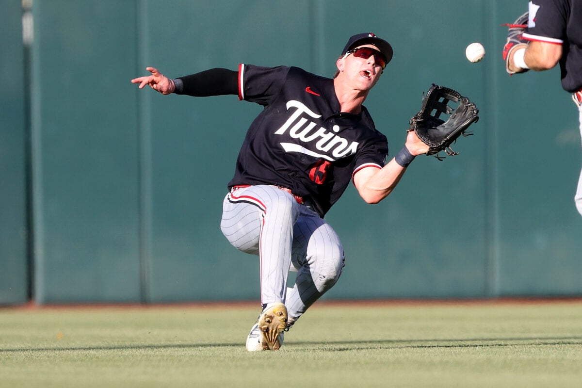 Aug 26, 2026; West Sacramento, California, USA;  Minnesota Twins center fielder Luke Keaschall (15) catches a fly ball against the Athletics during the first inning at Sutter Health Park.  Mandatory Credit: Dennis Lee-Imagn Images