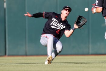 Aug 26, 2026; West Sacramento, California, USA;  Minnesota Twins center fielder Luke Keaschall (15) catches a fly ball against the Athletics during the first inning at Sutter Health Park.  Mandatory Credit: Dennis Lee-Imagn Images