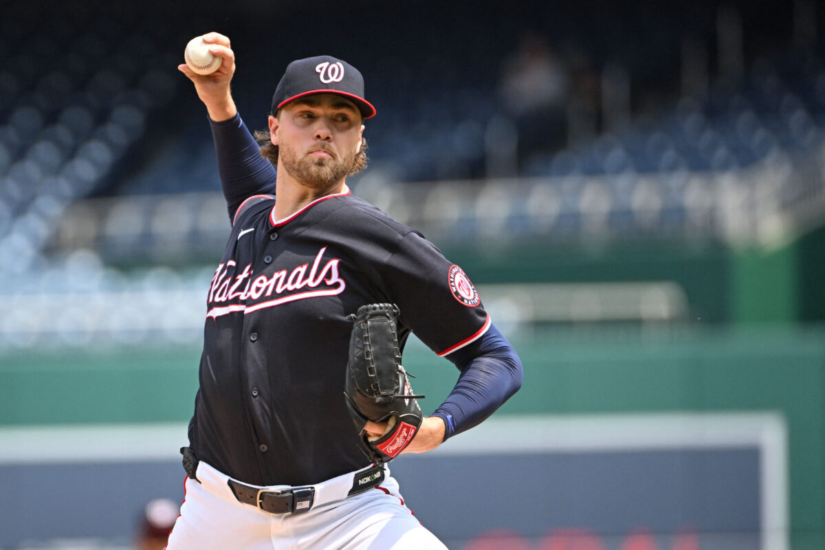 Aug 27, 2026; Washington, District of Columbia, USA; Washington Nationals pitcher Jake Irvin (27) throws to the Colorado Rockies during the first inning at Nationals Park. Mandatory Credit: Brad Mills-Imagn Images