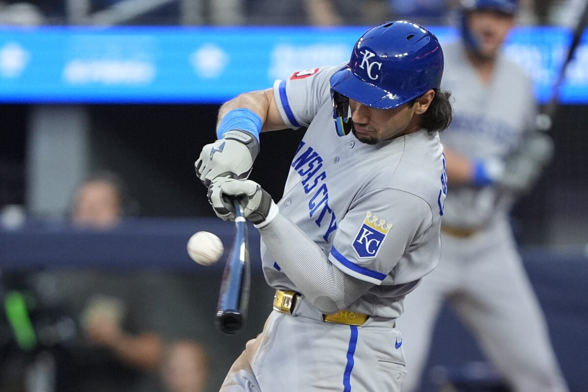 Aug 27, 2026; Toronto, Ontario, CAN;  Kansas City Royals outfielder Jac Caglianone (14) hits a 2-RBI single during the second inning against the Toronto Blue Jays at Rogers Centre.  Mandatory Credit: John E. Sokolowski-Imagn Images