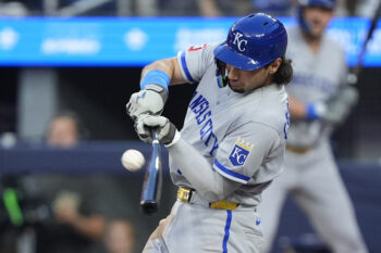 Aug 27, 2026; Toronto, Ontario, CAN;  Kansas City Royals outfielder Jac Caglianone (14) hits a 2-RBI single during the second inning against the Toronto Blue Jays at Rogers Centre.  Mandatory Credit: John E. Sokolowski-Imagn Images