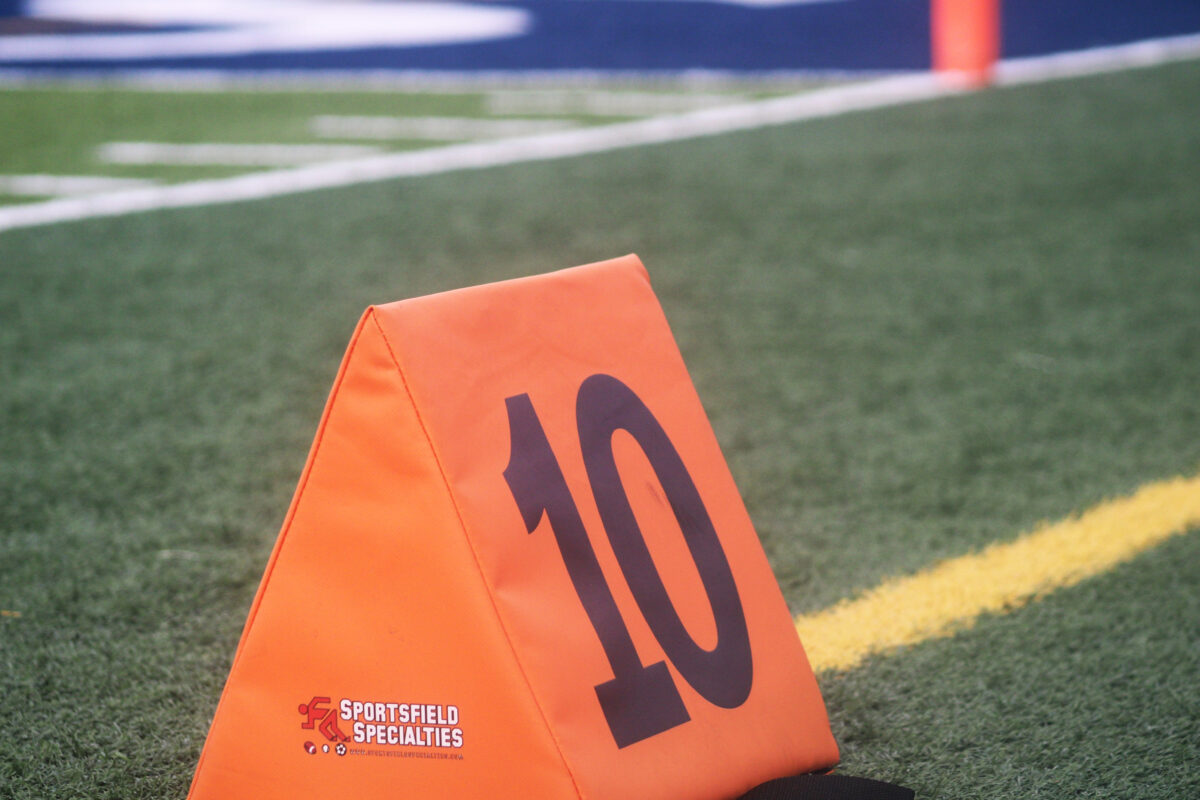 STOCK | A 10-yard line marker and an end zone pylon are pictured during a high school football game between Duval Charter and Harvest Community at the neutral field of Cornerstone Classical Academy on Aug. 27, 2026 in Jacksonville, Florida. [Clayton Freeman/Florida Times-Union]