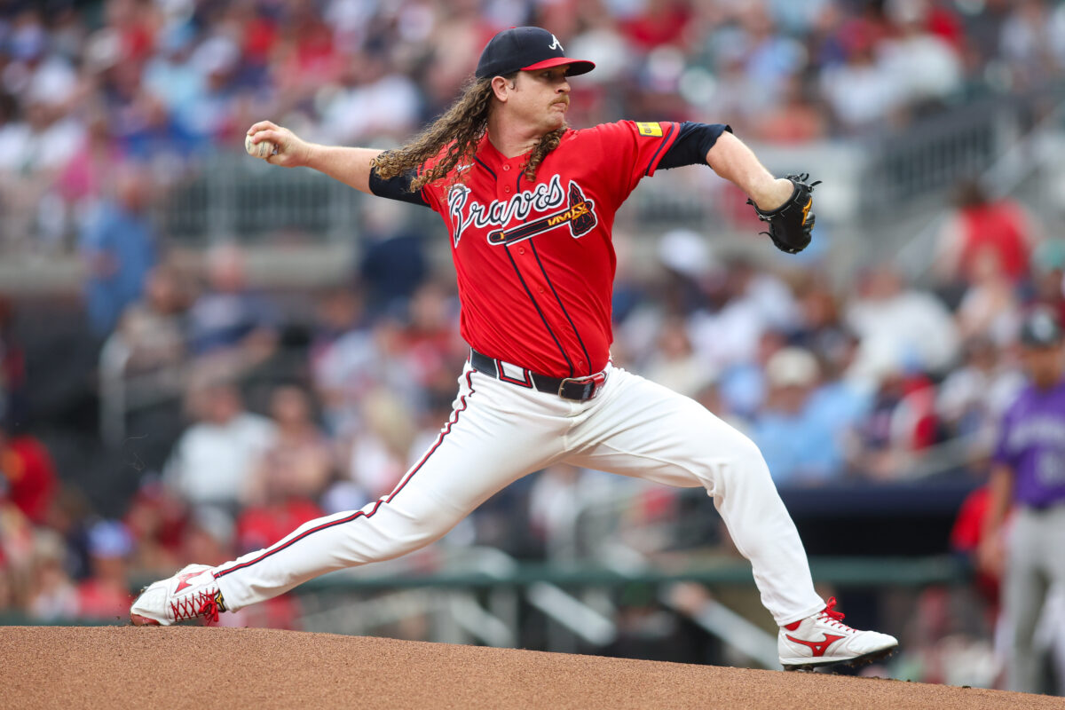 Aug 28, 2026; Atlanta, Georgia, USA; Atlanta Braves starting pitcher Grant Holmes (66) throws against the Colorado Rockies in the first inning at Truist Park. Mandatory Credit: Brett Davis-Imagn Images