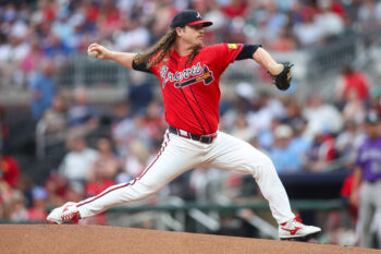 Aug 28, 2026; Atlanta, Georgia, USA; Atlanta Braves starting pitcher Grant Holmes (66) throws against the Colorado Rockies in the first inning at Truist Park. Mandatory Credit: Brett Davis-Imagn Images