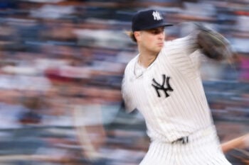 Aug 28, 2026; Bronx, New York, USA;  New York Yankees pitcher Cam Schlittler (31) pitches against the Boston Red Sox during the first inning at Yankee Stadium.  Mandatory Credit: Tom Horak-Imagn Images