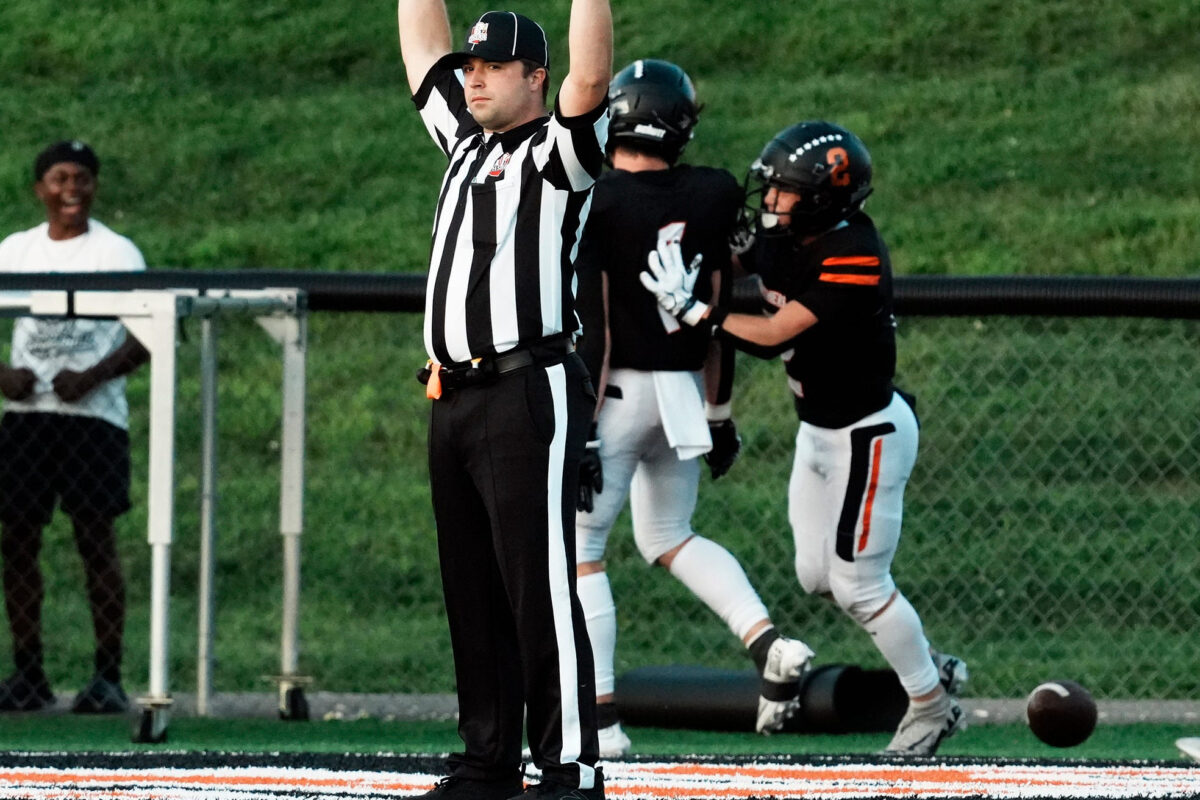 A referee signals touchdown after Tanner Toth had a pick-6 against Philo on Aug. 28, 2026, at Jim Rockwell Stadium, in New Lexington, Ohio.