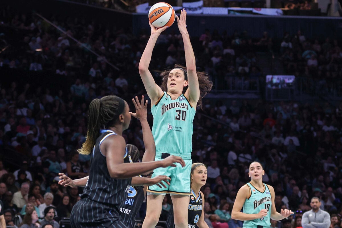 Aug 29, 2026; Brooklyn, New York, USA;  New York Liberty forward Breanna Stewart (30) takes a three point shot in the third quarter against the Chicago Sky at Barclays Center.  Mandatory Credit: Wendell Cruz-Imagn Images
