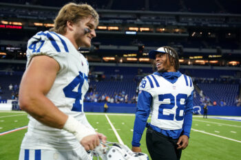 Aug 29, 2026; Indianapolis, Indiana, USA;  Indianapolis Colts linebacker West Weeks (47) and running back Jonathan Taylor (28) walk off the field after the game against the Detroit Lions at Lucas Oil Stadium.  Mandatory Credit: Robert Goddin-Imagn Images