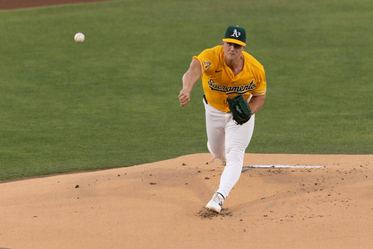 Aug 29, 2026; West Sacramento, California, USA; Athletics starting pitcher Jack Perkins (50) delivers a pitch against the Baltimore Orioles during the first inning at Sutter Health Park. Mandatory Credit: D. Ross Cameron-Imagn Images