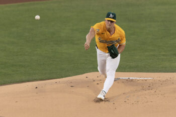 Aug 29, 2026; West Sacramento, California, USA;  Athletics starting pitcher Jack Perkins (50) delivers a pitch against the Baltimore Orioles during the first inning at Sutter Health Park.  Mandatory Credit: D. Ross Cameron-Imagn Images