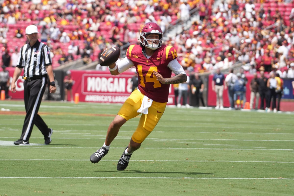 Aug 29, 2026; Los Angeles, California, USA; Southern California Trojans quarterback Jayden Maiava (14) throws the ball against the San Jose State Spartans at United Airlines Field at Los Angeles Memorial Coliseum. Mandatory Credit: Kirby Lee-Imagn Images