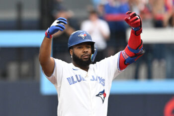 Aug 30, 2026; Toronto, Ontario, CAN;  Toronto Blue Jays first baseman Vladimir Guerrero Jr. (27) reacts after hitting an RBI double against the Seattle Mariners in the fifth inning at Rogers Centre.  Mandatory Credit: Dan Hamilton-Imagn Images
