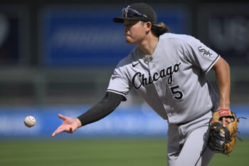 Aug 30, 2026; Minneapolis, Minnesota, USA;  Chicago White Sox infielder Munetaka Murakami (5) flips the ball to first for a force out against the Minnesota Twins during the sixth inning at Target Field.  Mandatory Credit: Nick Wosika-Imagn Images